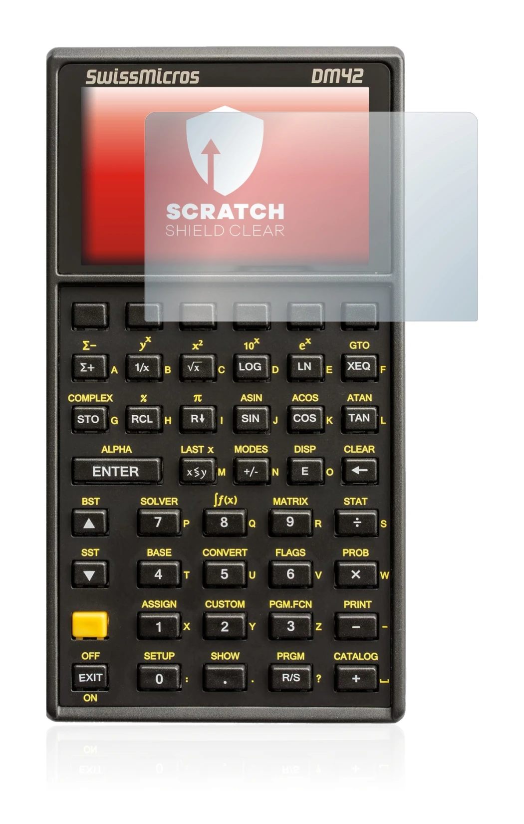 Image of the device SwissMicros DM42 with a wide variety of screen protectors.