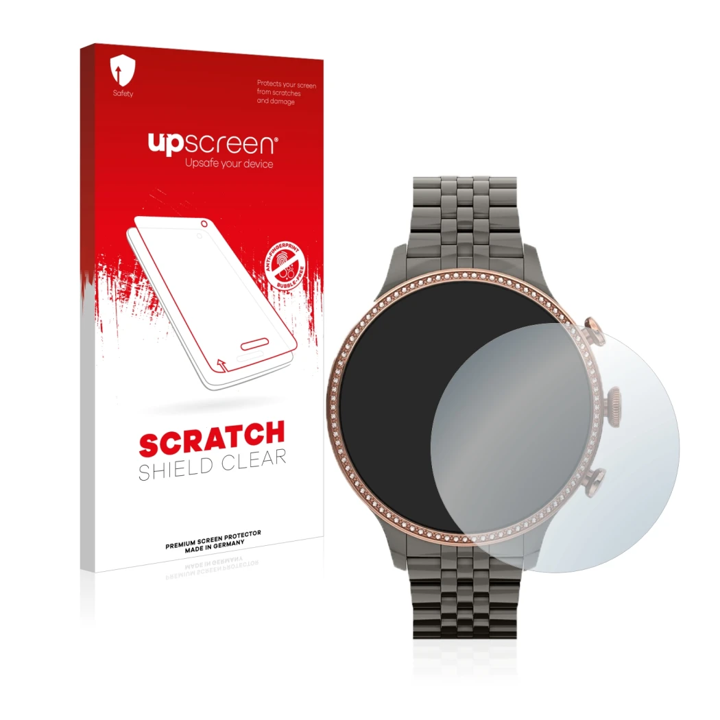 Front side of a product packaging with the brand logo upscreen. Next to it is the device Fossil Gen 6 (42mm) shown with the co