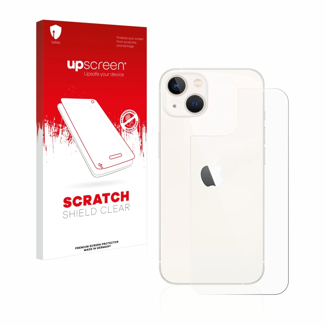 Front side of a product packaging with the brand logo upscreen. Next to it is the device Apple iPhone 13 (Back) shown with the
