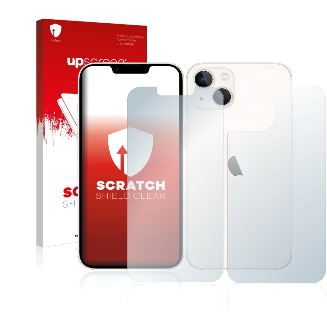 Front side of a product packaging with the brand logo upscreen. Next to it is the device Apple iPhone 13 (Front+Back) shown wi