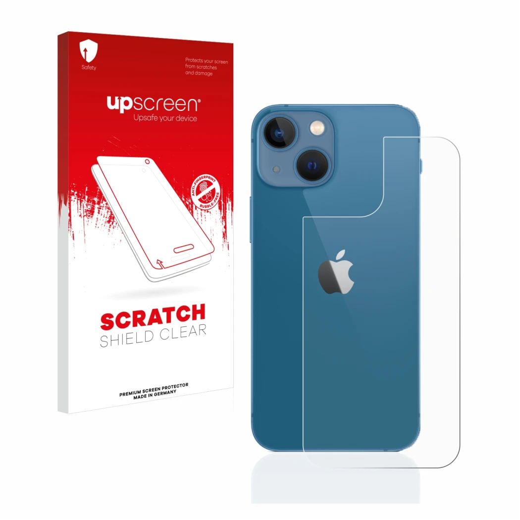 Front side of a product packaging with the brand logo upscreen. Next to it is the device Apple iPhone 13 mini (Back) shown wit
