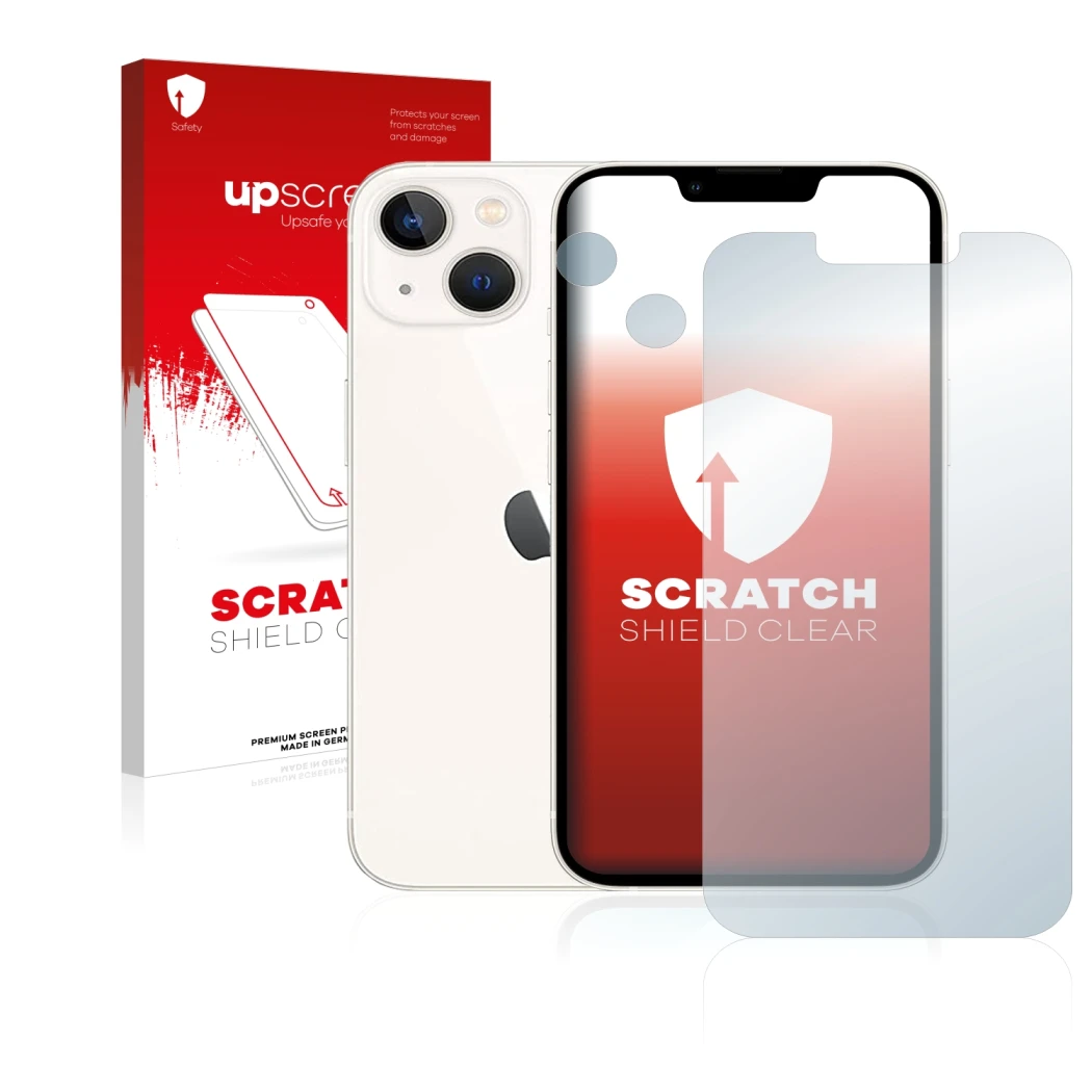 Front side of a product packaging with the brand logo upscreen. Next to it is the device Apple iPhone 13 (Front+Camera) shown 