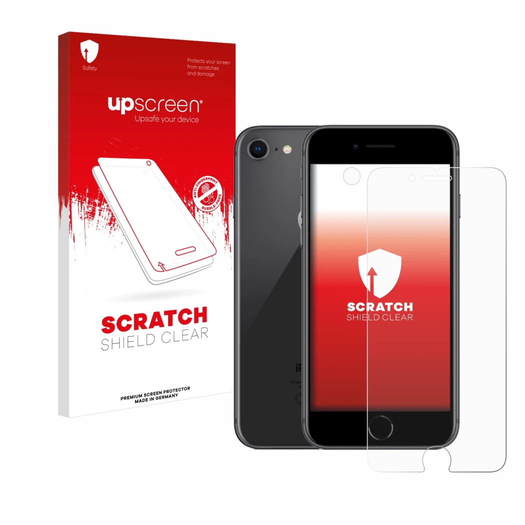 Front side of a product packaging with the brand logo upscreen. Next to it is the device Apple iPhone 8 (Front+Camera) shown w