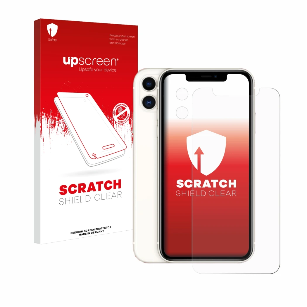 Front side of a product packaging with the brand logo upscreen. Next to it is the device Apple iPhone 11 (Front+Camera) shown 