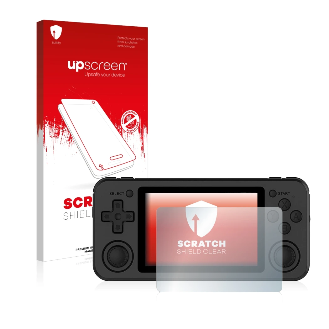 Front side of a product packaging with the brand logo upscreen. Next to it is the device Anbernic RG351P shown with the corres