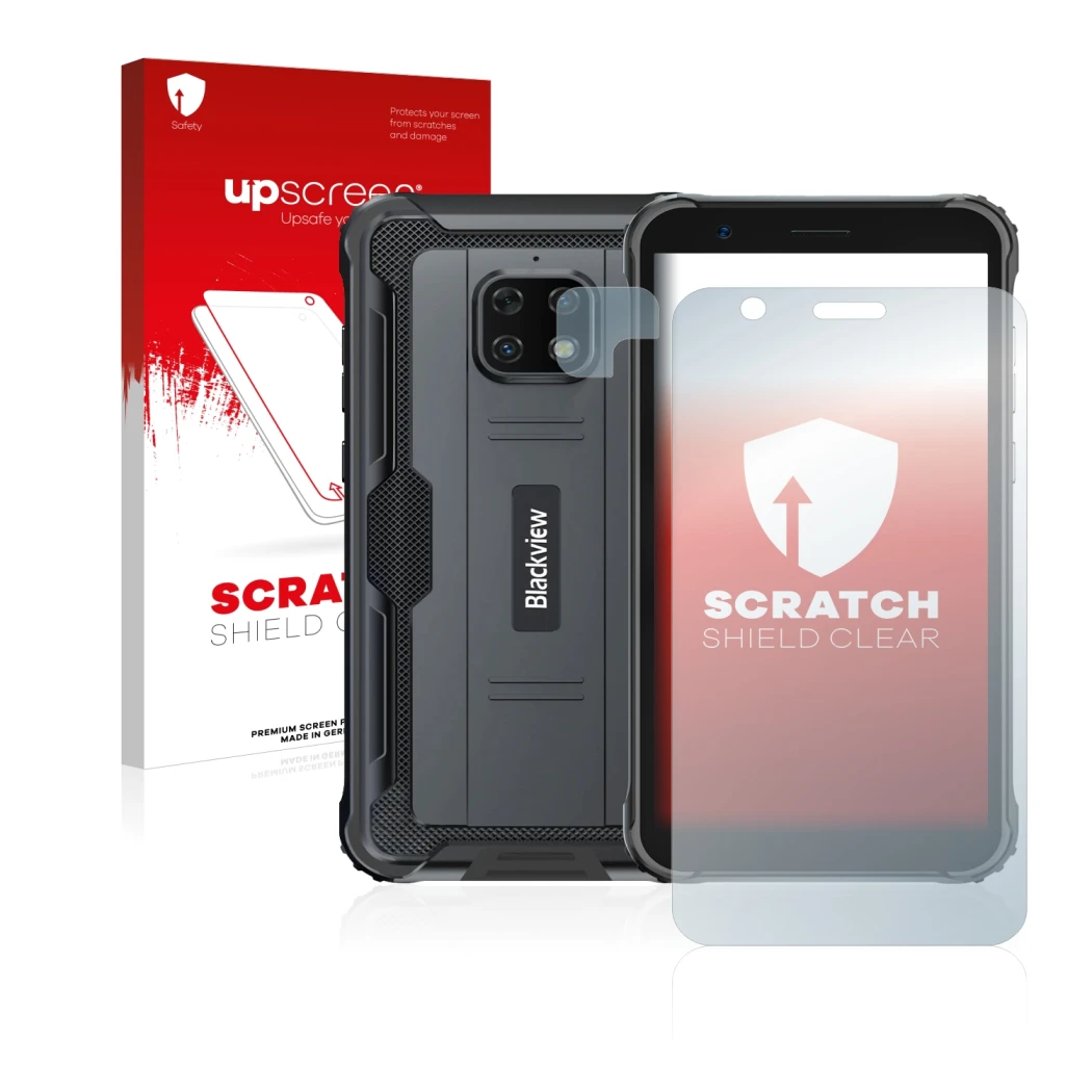 Front side of a product packaging with the brand logo upscreen. Next to it is the device Blackview BV4900S (Front+Camera) show