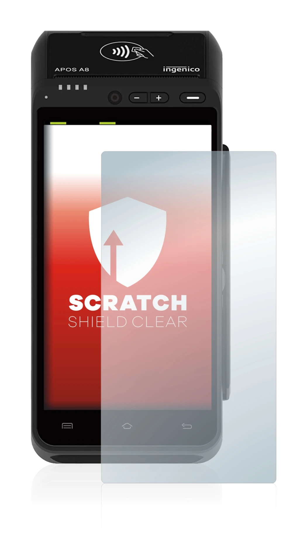 Image of the device ingenico Apos A8 with a wide variety of screen protectors.