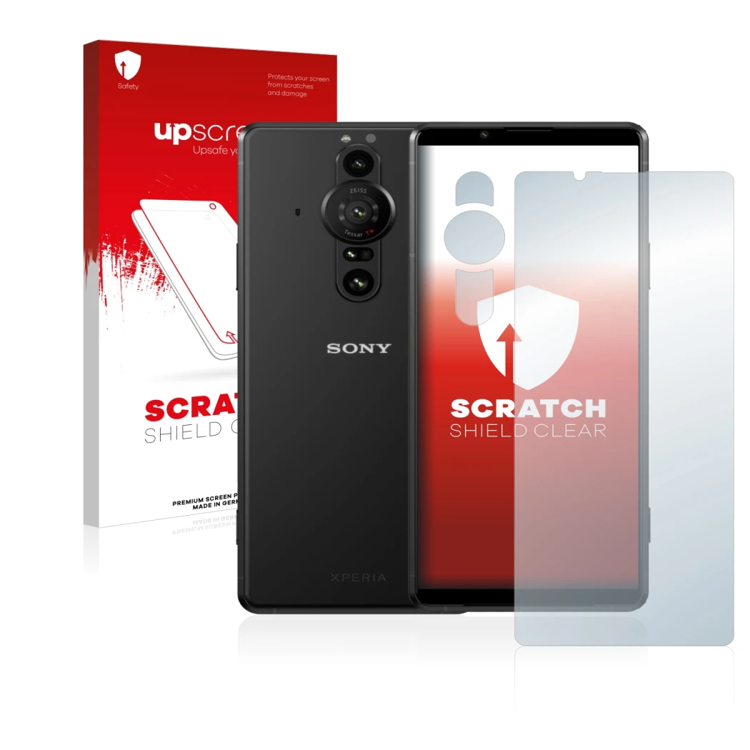 Front side of a product packaging with the brand logo upscreen. Next to it is the device Sony Xperia Pro-I (Front+Camera) show