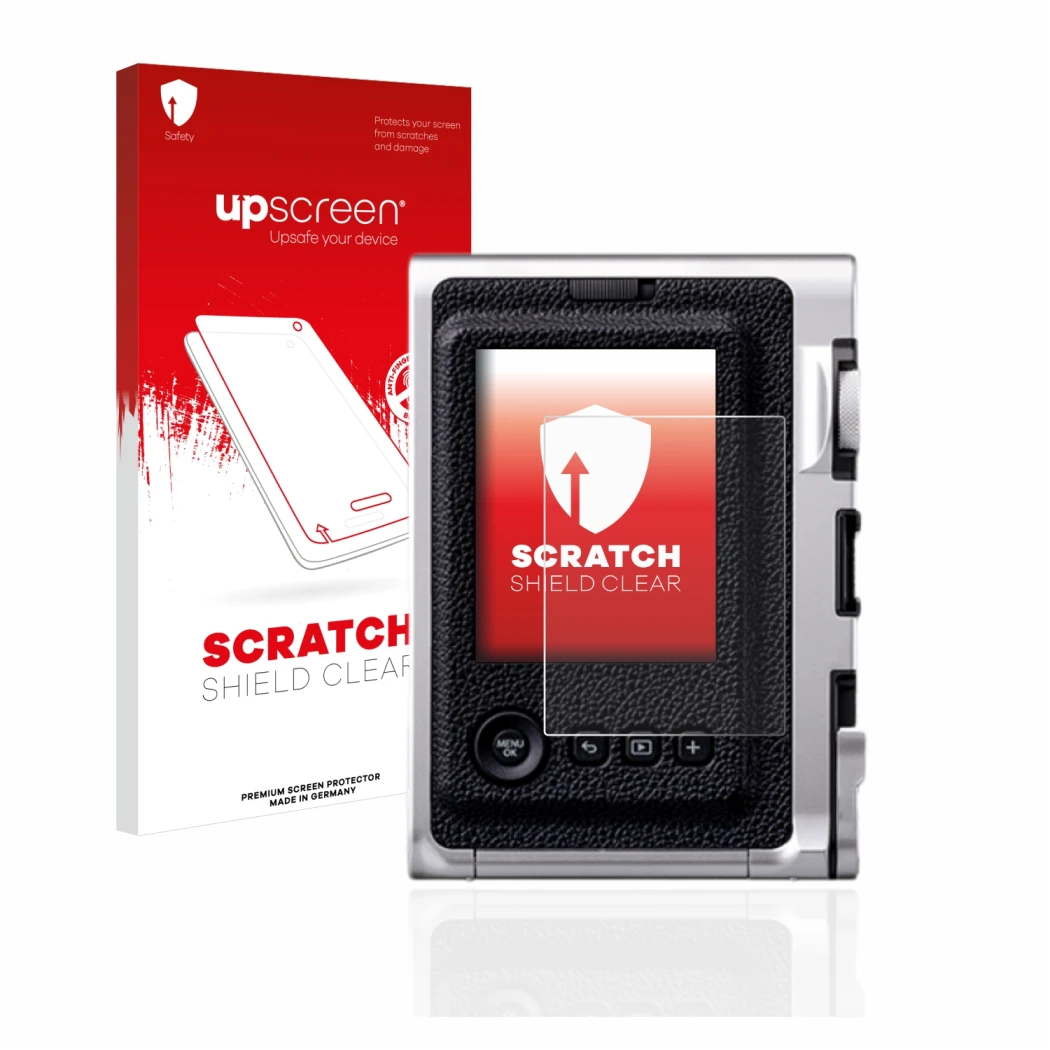 Front side of a product packaging with the brand logo upscreen. Next to it is the device Fujifilm Instax Mini Evo shown with t