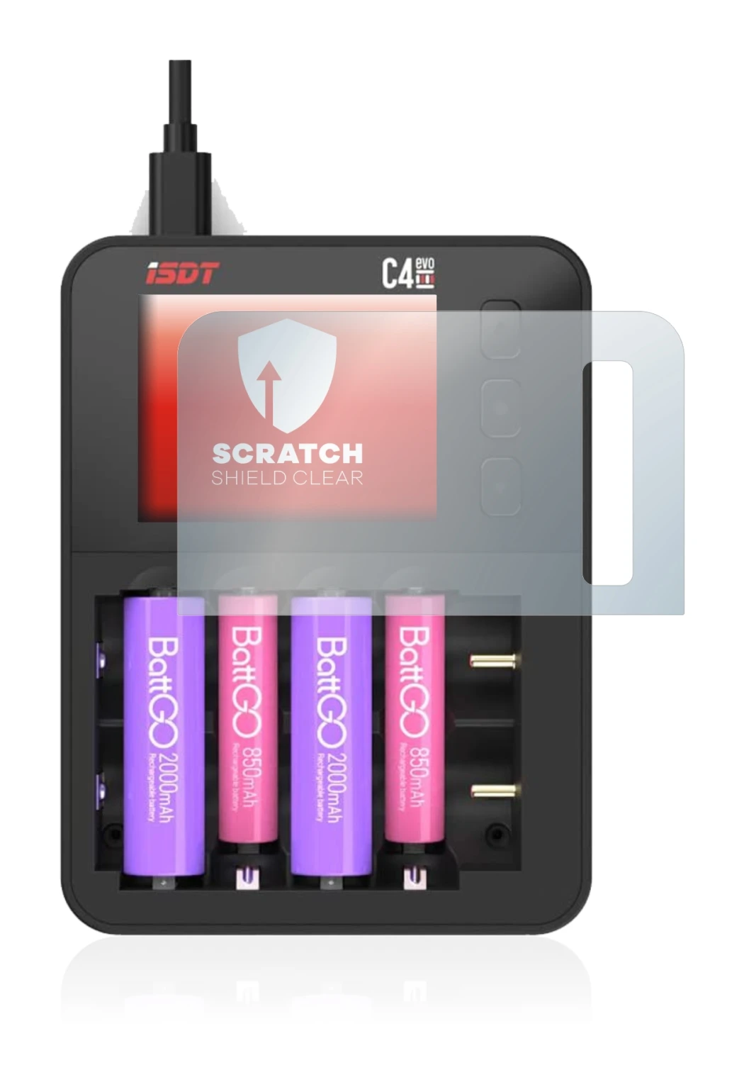 Image of the device ISDT C4 Evo with a wide variety of screen protectors.
