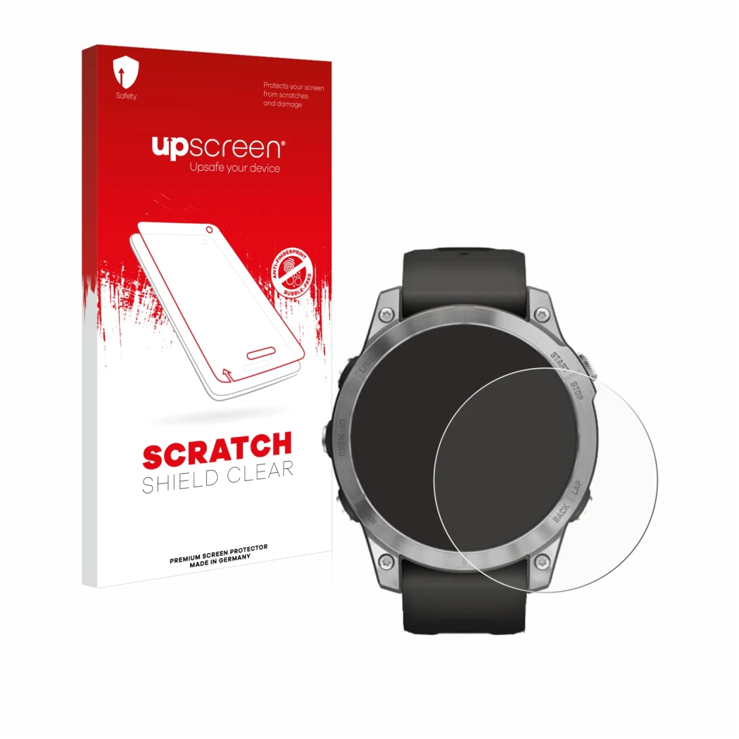 Front side of a product packaging with the brand logo upscreen. Next to it is the device Garmin Fenix 7 (47 mm) shown with the