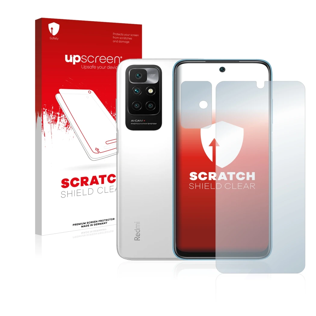 Front side of a product packaging with the brand logo upscreen. Next to it is the device Xiaomi Redmi 10 (Front+Camera) shown