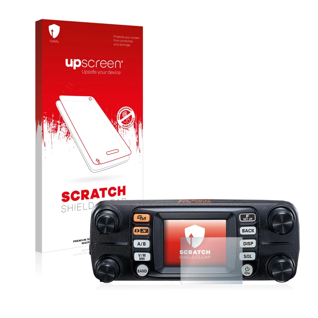 Front side of a product packaging with the brand logo upscreen. Next to it is the device Yaesu FTM-300DE shown with the corres