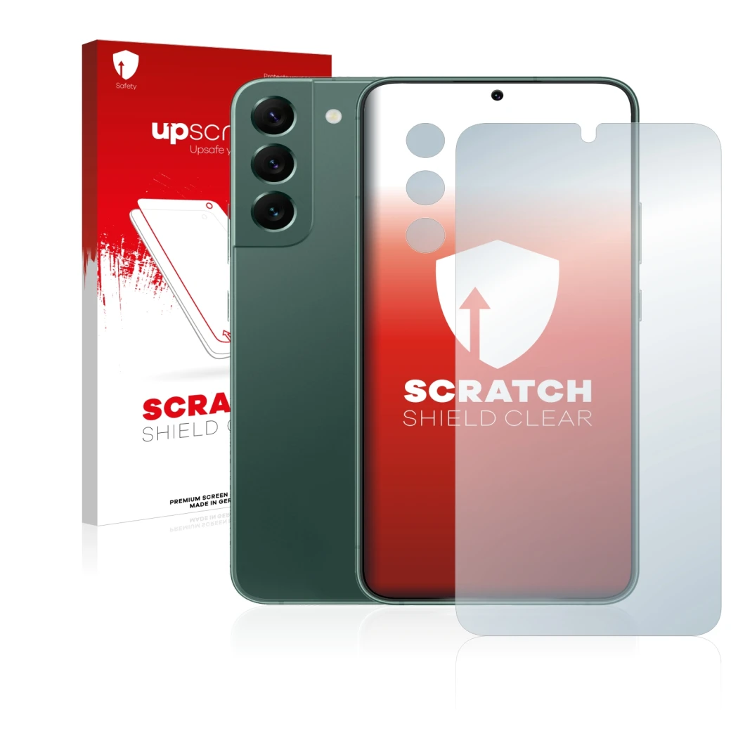 Front side of a product packaging with the brand logo upscreen. Next to it is the device Samsung Galaxy S22 Plus 5G (Front+Cam