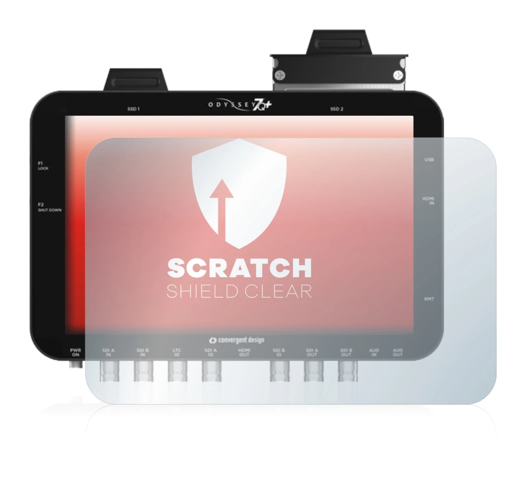 Image of the device Convergent Design Odyssey 7Q+ with a wide variety of screen protectors.