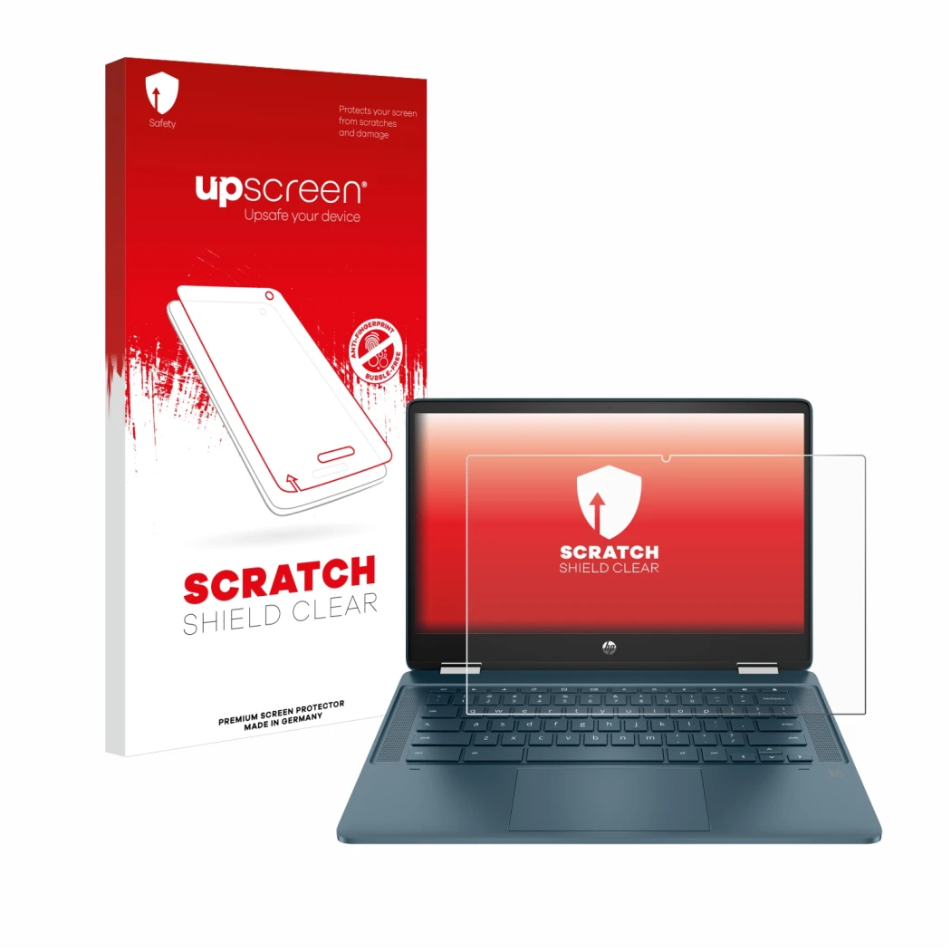 Front side of a product packaging with the brand logo upscreen. Next to it is the device HP Chromebook x360 (14b-cbX) shown wi