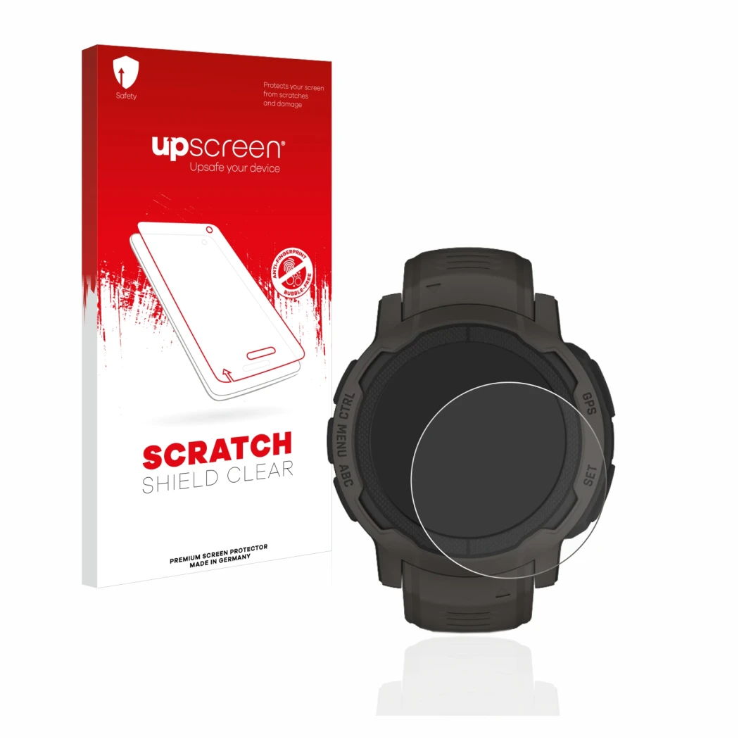 Front side of a product packaging with the brand logo upscreen. Next to it is the device Garmin Instinct 2 shown with the corr