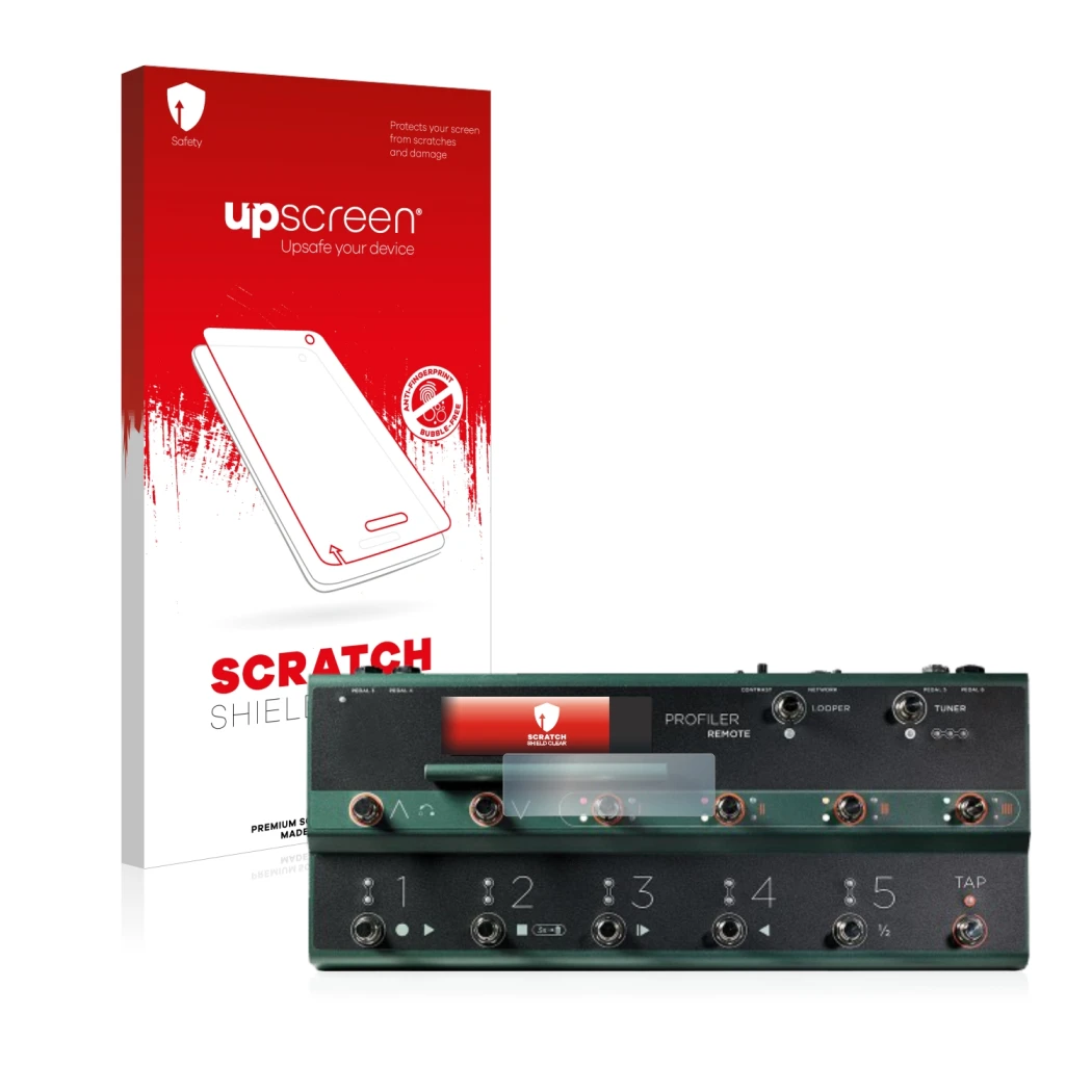 Front side of a product packaging with the brand logo upscreen. Next to it is the device Kemper Profiler Remote shown with the