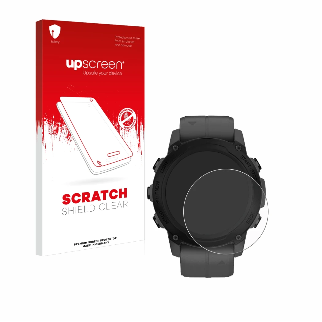 Front side of a product packaging with the brand logo upscreen. Next to it is the device Garmin Descent G1 shown with the corr