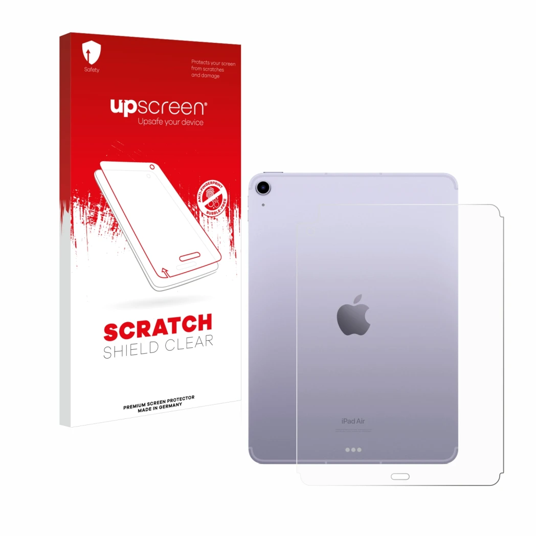 Front side of a product packaging with the brand logo upscreen. Next to it is the device Apple iPad Air 5 WiFi 2022 (Back, 5th