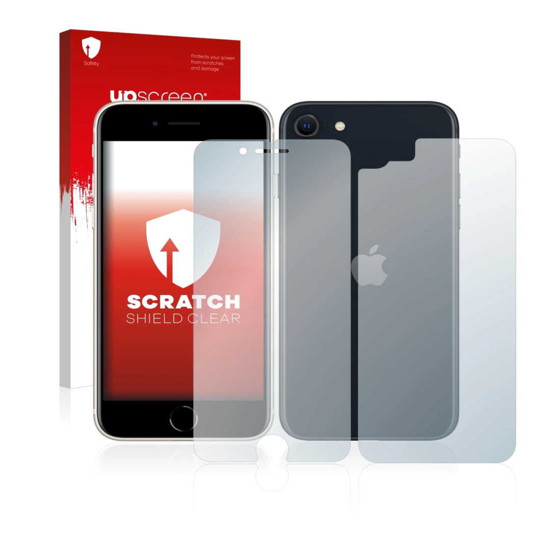 Front side of a product packaging with the brand logo upscreen. Next to it is the device Apple iPhone SE 3 2022 (Front+Back) s