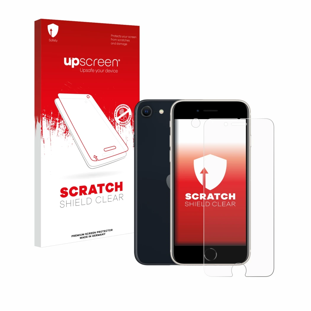 Front side of a product packaging with the brand logo upscreen. Next to it is the device Apple iPhone SE 3 2022 (Front+Camera)