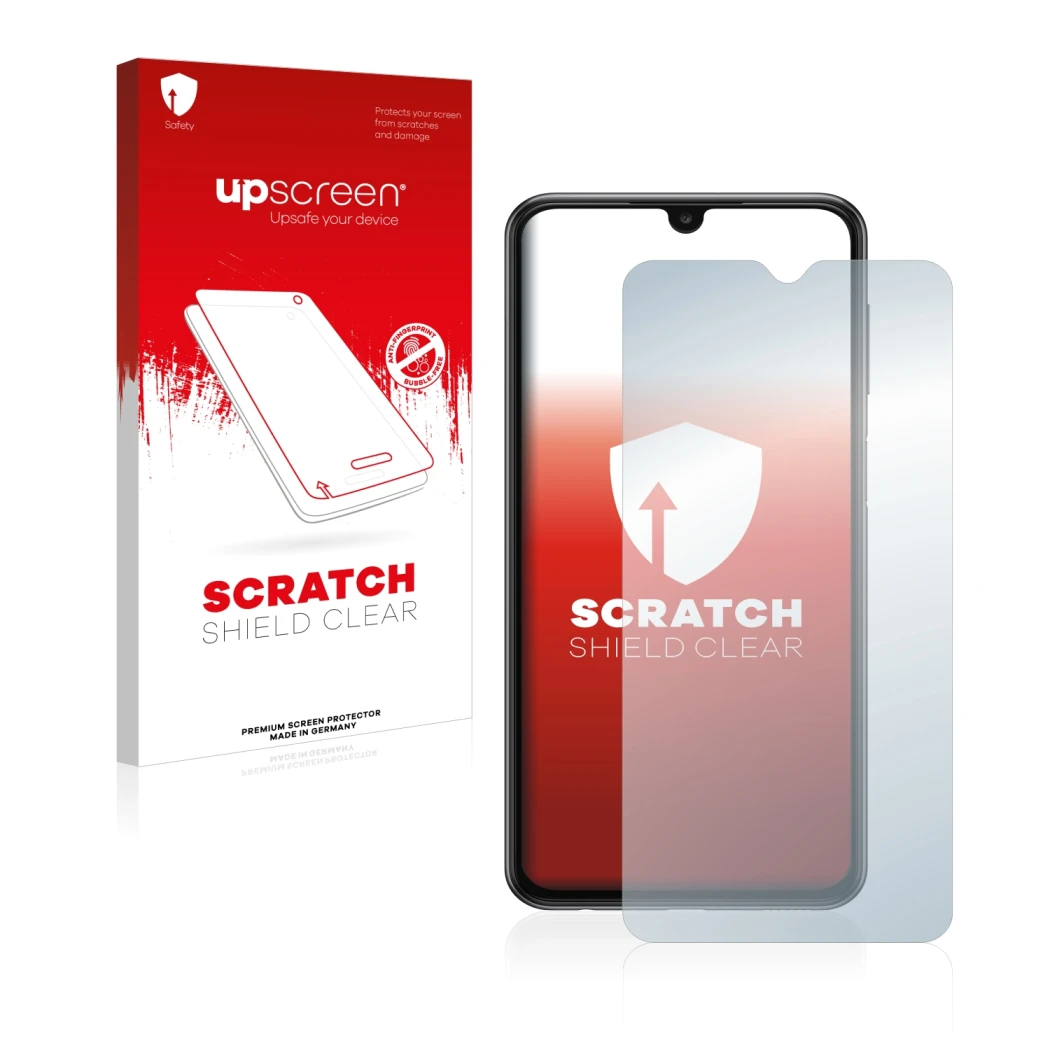 Front side of a product packaging with the brand logo upscreen. Next to it is the device Samsung Galaxy A23 shown with the cor