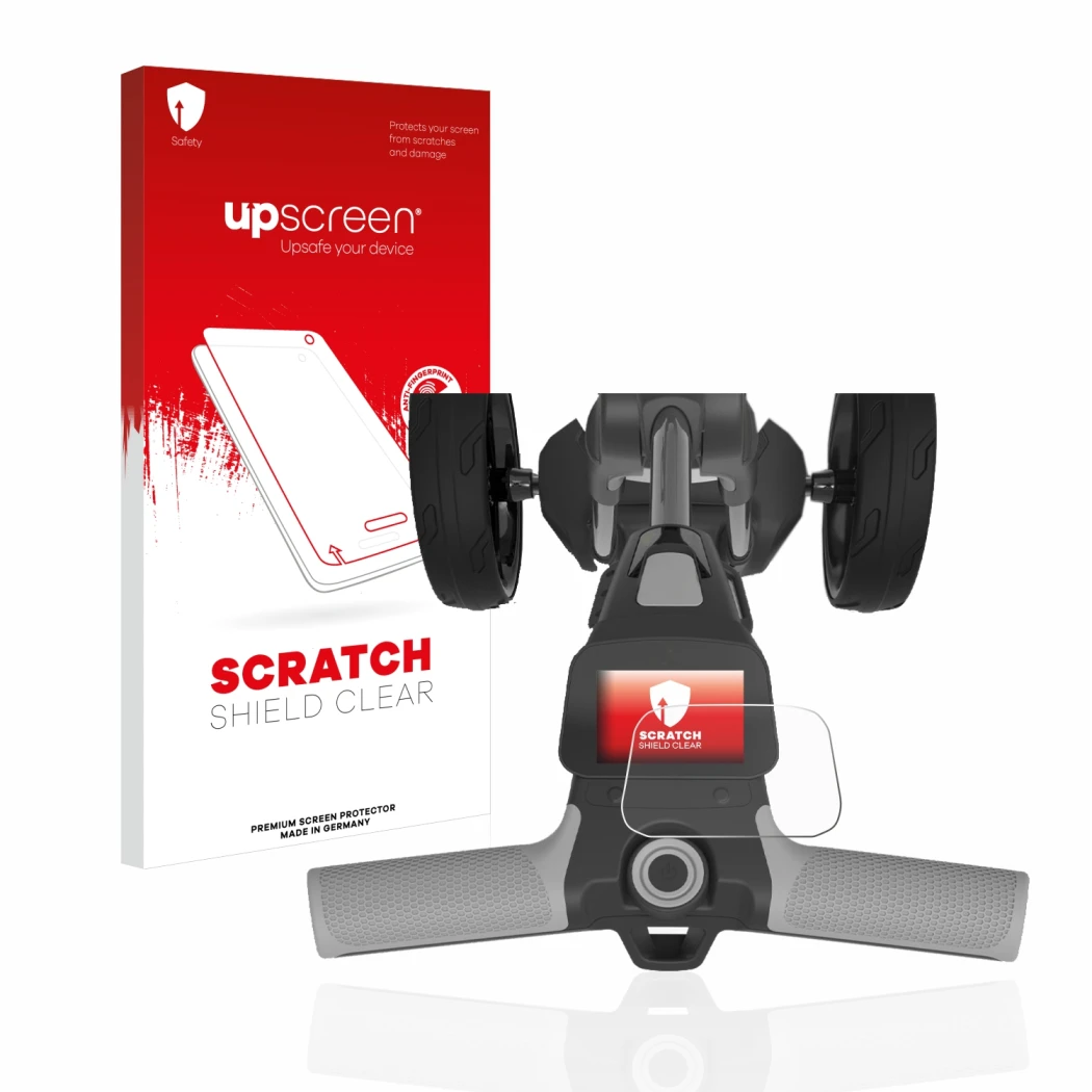 Front side of a product packaging with the brand logo upscreen. Next to it is the device PowaKaddy FX5 2.8