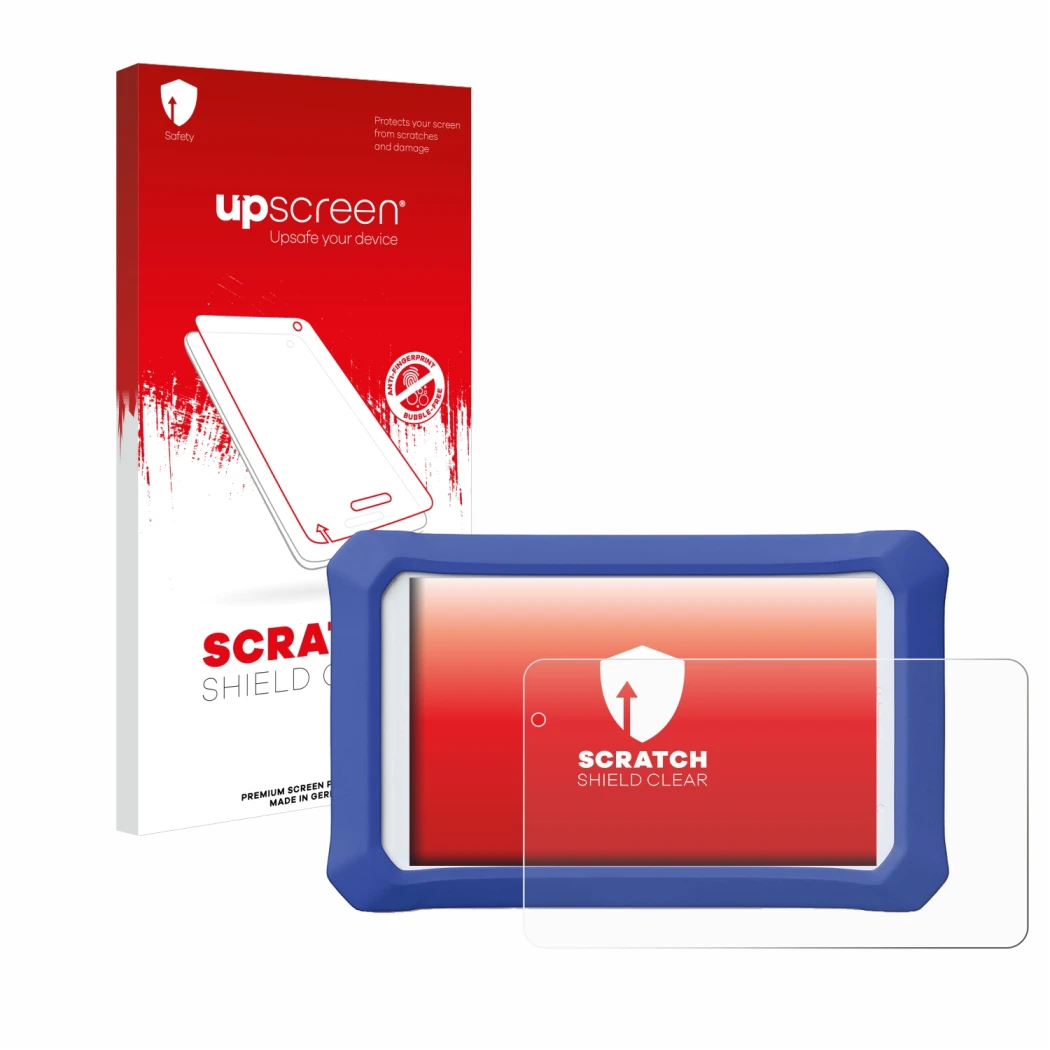 Front side of a product packaging with the brand logo upscreen. Next to it is the device Clementoni Clempad X Revolution shown