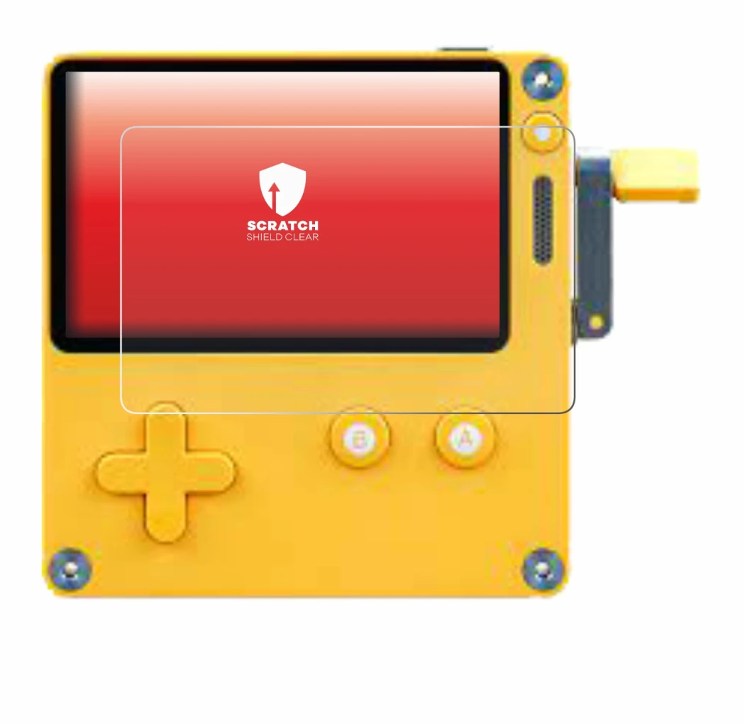 Image of the device Panic Playdate with a wide variety of screen protectors.