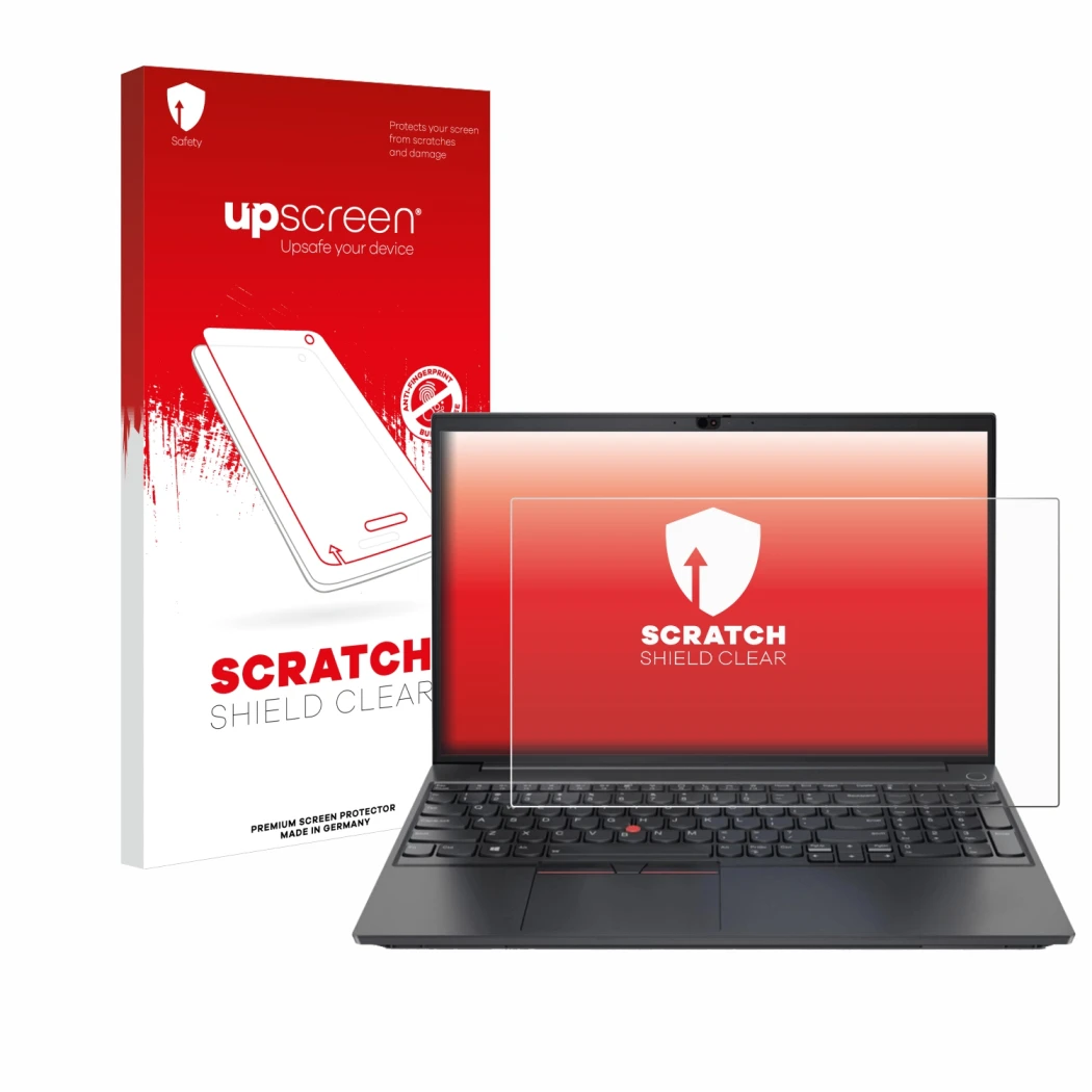 Front side of a product packaging with the brand logo upscreen. Next to it is the device Lenovo ThinkPad E15 Gen 2 shown with 