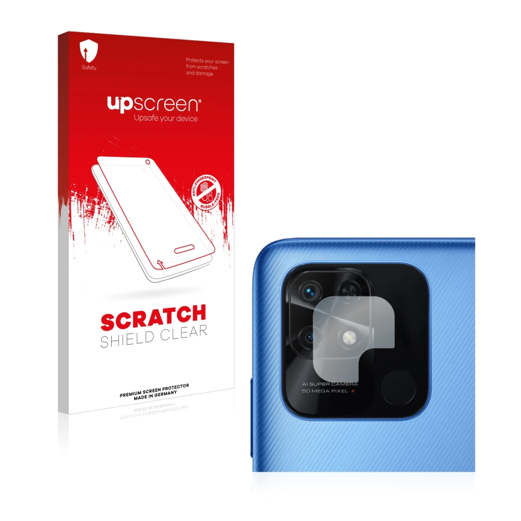 Front side of a product packaging with the brand logo upscreen. Next to it is the device Xiaomi Redmi 10C (ONLY Camera Lens) s