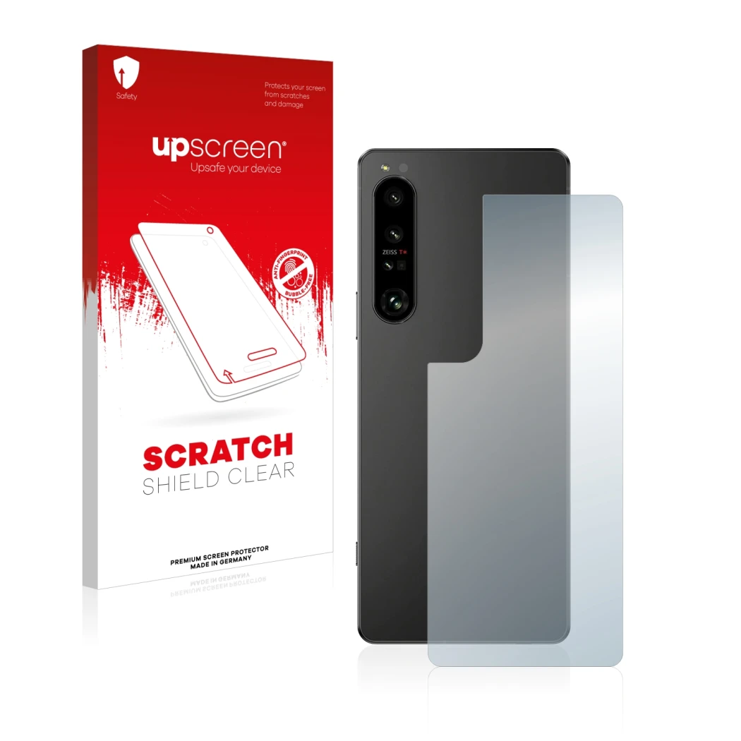 Front side of a product packaging with the brand logo upscreen. Next to it is the device Sony Xperia 1 IV (Back) shown with th