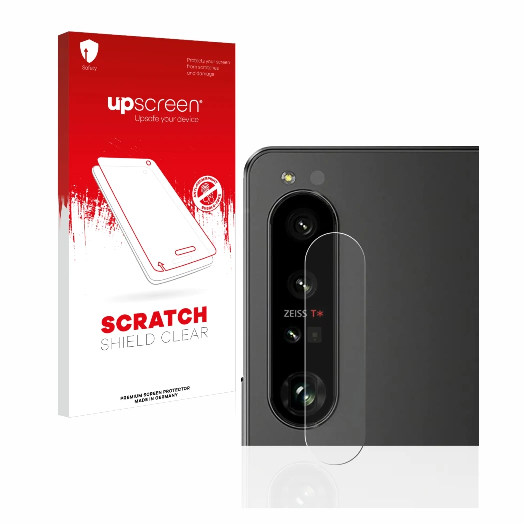 Front side of a product packaging with the brand logo upscreen. Next to it is the device Sony Xperia 1 IV (ONLY Camera Lens) s