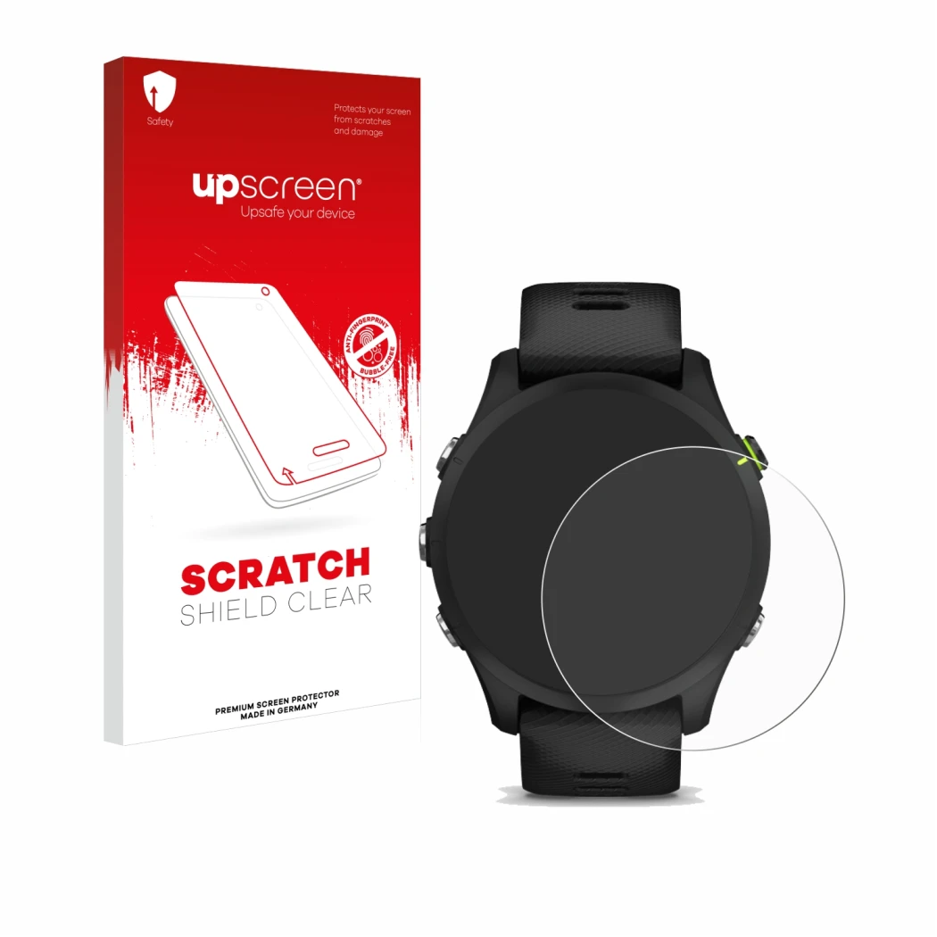 Front side of a product packaging with the brand logo upscreen. Next to it is the device Garmin Forerunner 255 shown with the 
