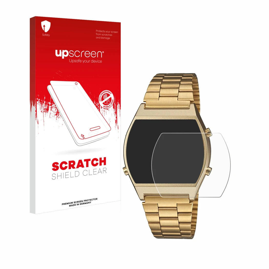 Front side of a product packaging with the brand logo upscreen. Next to it is the device Casio Retro B640WB shown with the cor