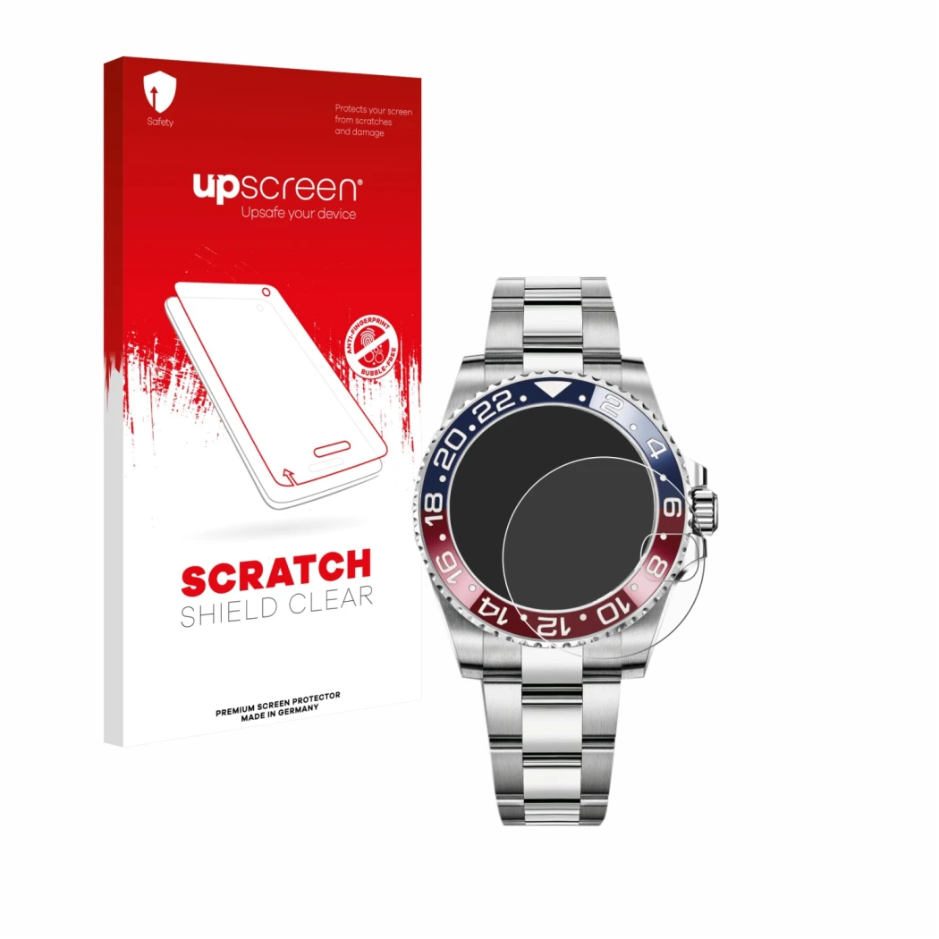 Front side of a product packaging with the brand logo upscreen. Next to it is the device Rolex GMT-Master II shown with the co
