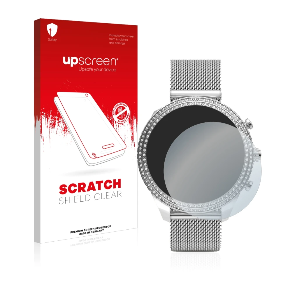 Front side of a product packaging with the brand logo upscreen. Next to it is the device Fossil Stella (6. Gen) shown with the