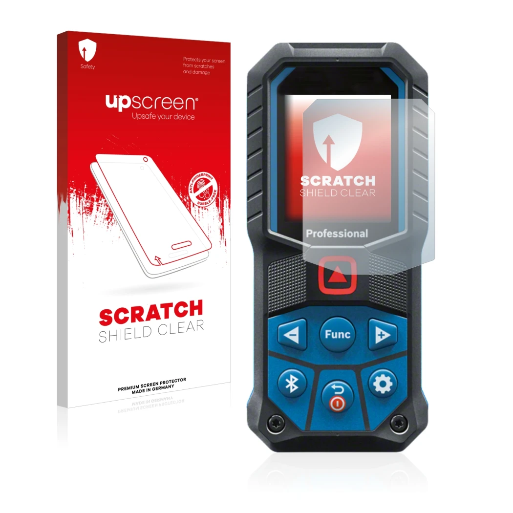 Front side of a product packaging with the brand logo upscreen. Next to it is the device Bosch GLM 50-27 C shown with the corr