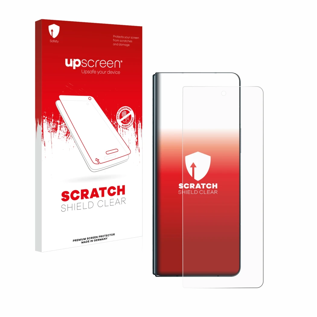 Front side of a product packaging with the brand logo upscreen. Next to it is the device Samsung Galaxy Z Fold 4 shown with th