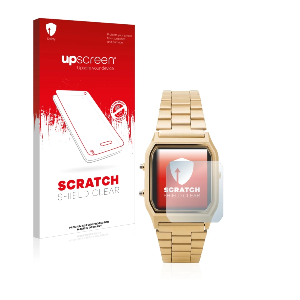 Front side of a product packaging with the brand logo upscreen. Next to it is the device Casio AQ-230GA shown with the corresp
