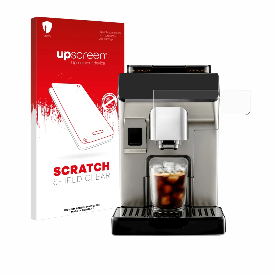 Front side of a product packaging with the brand logo upscreen. Next to it is the device DeLonghi Eletta Explore shown with th