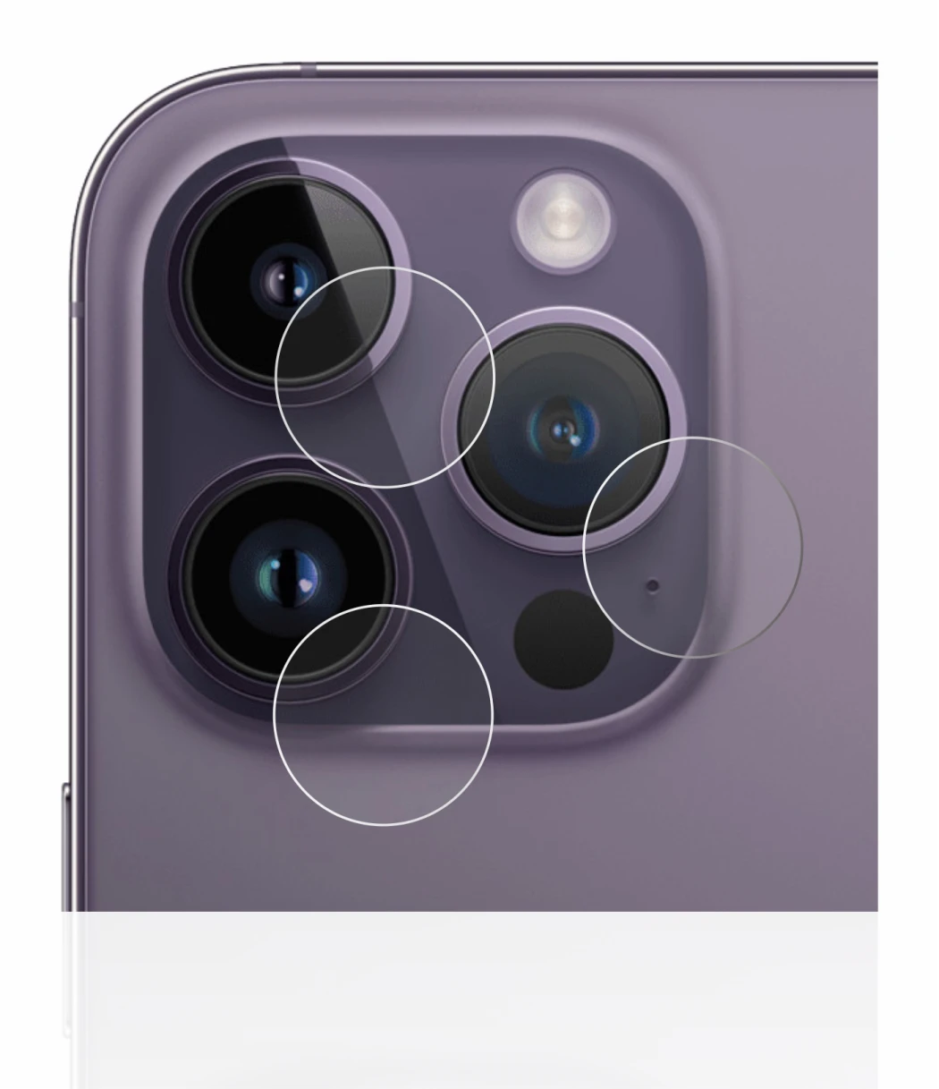 Image of the device Apple iPhone 14 Pro (ONLY Camera Lens) with a wide variety of screen protectors.