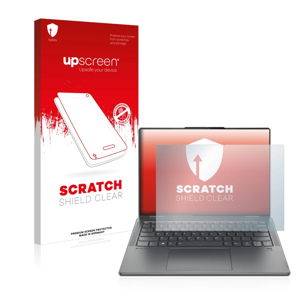 Front side of a product packaging with the brand logo upscreen. Next to it is the device Lenovo Yoga 7i 14