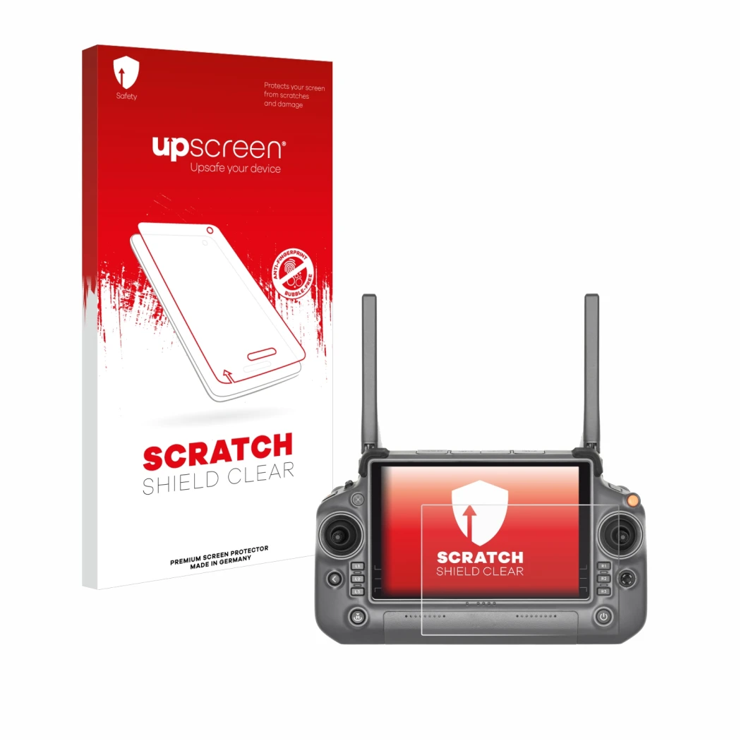 Front side of a product packaging with the brand logo upscreen. Next to it is the device DJI RC Plus shown with the correspond
