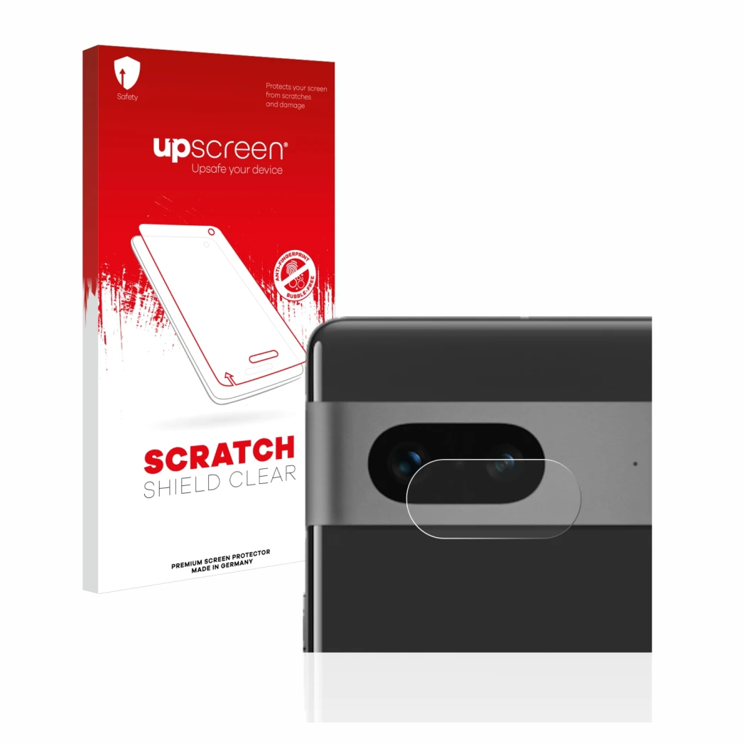 Front side of a product packaging with the brand logo upscreen. Next to it is the device Google Pixel 7 (ONLY Camera Lens) sho