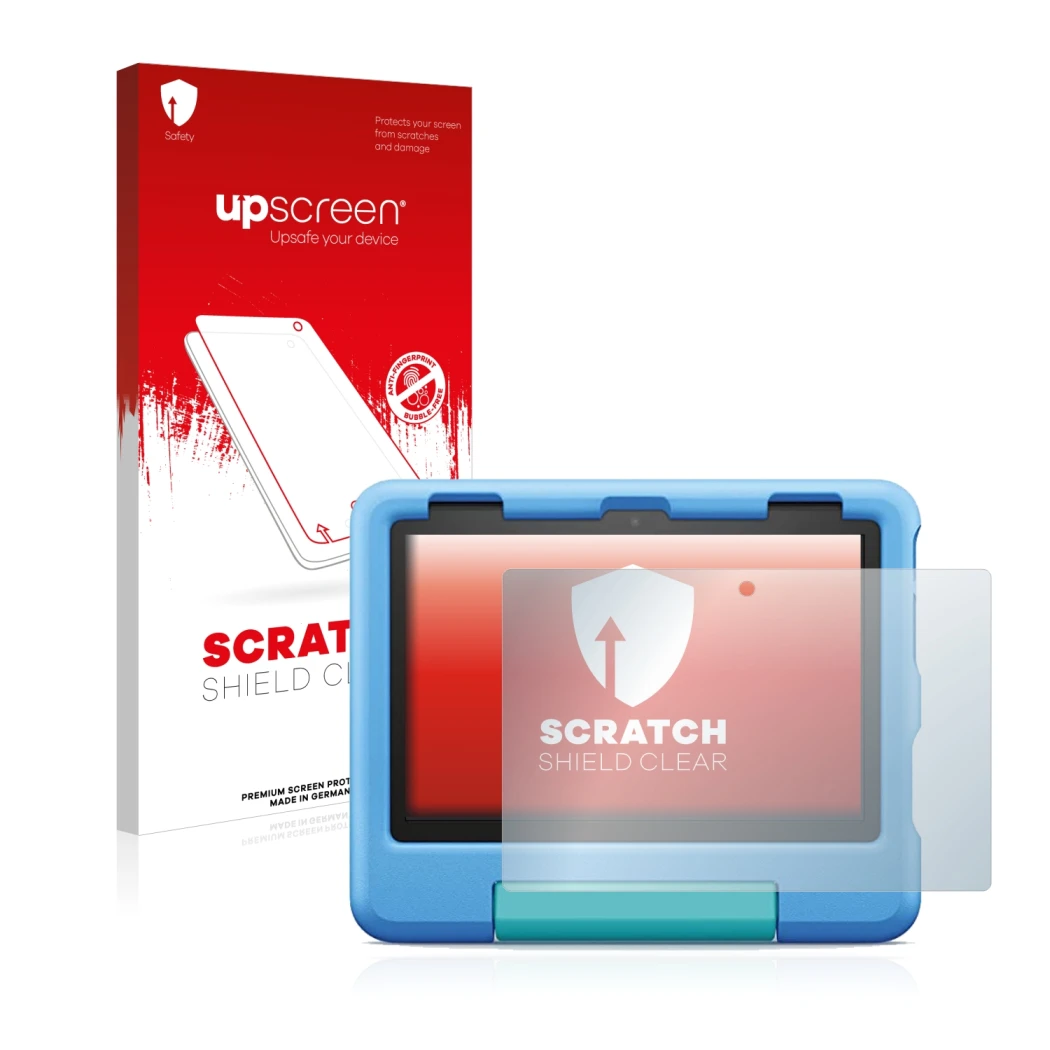 Front side of a product packaging with the brand logo upscreen. Next to it is the device Amazon Fire HD 8 Kids 2022 shown with