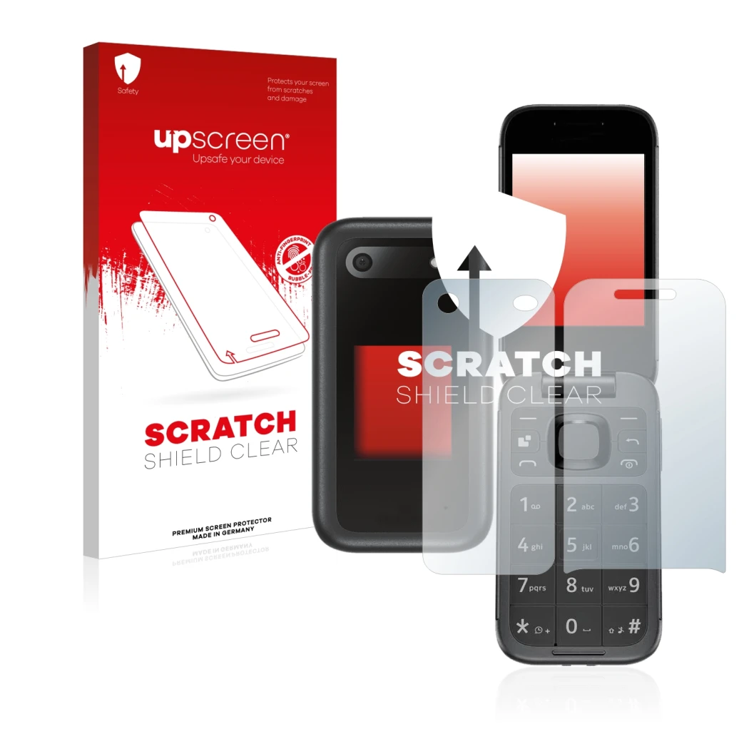 Front side of a product packaging with the brand logo upscreen. Next to it is the device Nokia 2660 Flip (Front+Back) shown wi