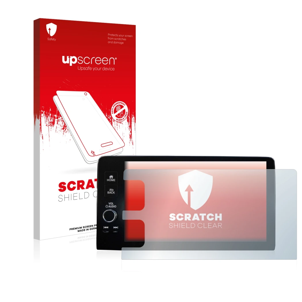 Front side of a product packaging with the brand logo upscreen. Next to it is the device Honda HR-V 2022 Navigationssystem sho