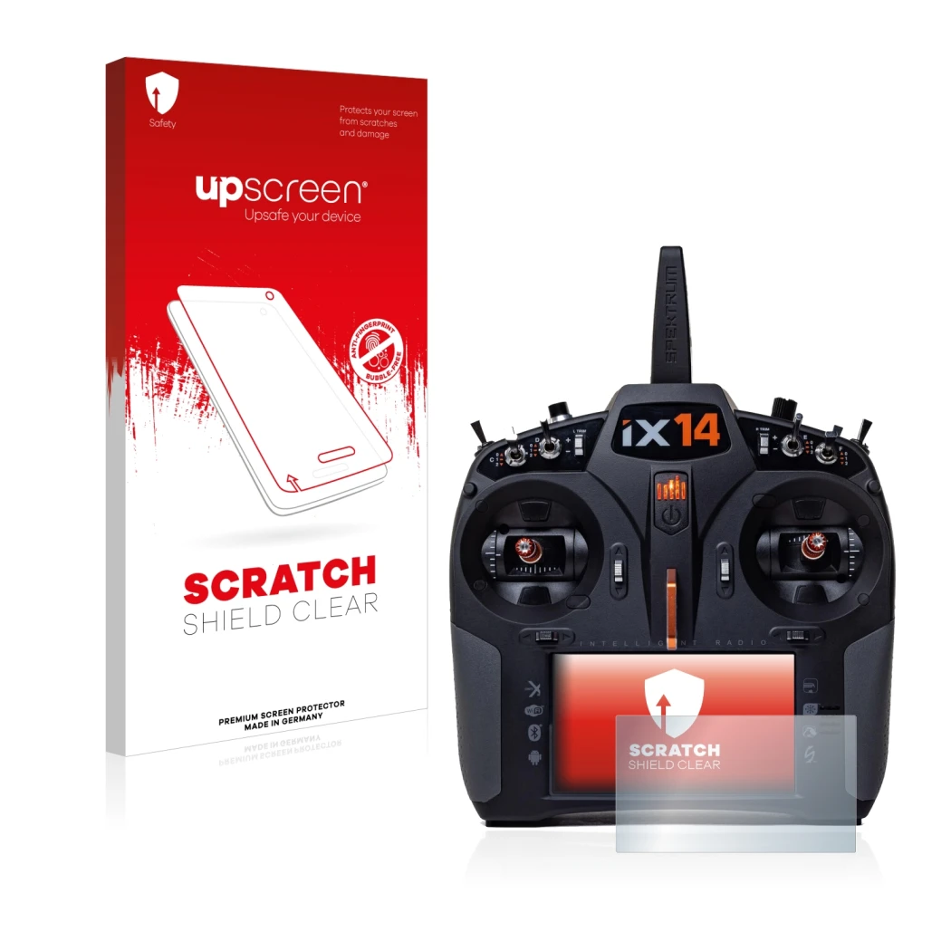 Front side of a product packaging with the brand logo upscreen. Next to it is the device Spektrum iX14 shown with the correspo